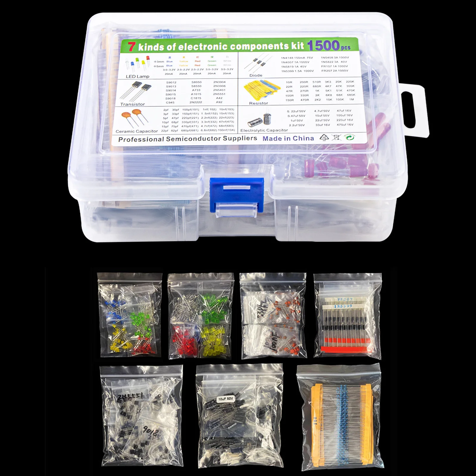 Kit surtido de componentes electrónicos, condensadores, rectificador de diodo Led, Transistor de resistencia para Arduino, proyecto de bricolaje, 1500 piezas