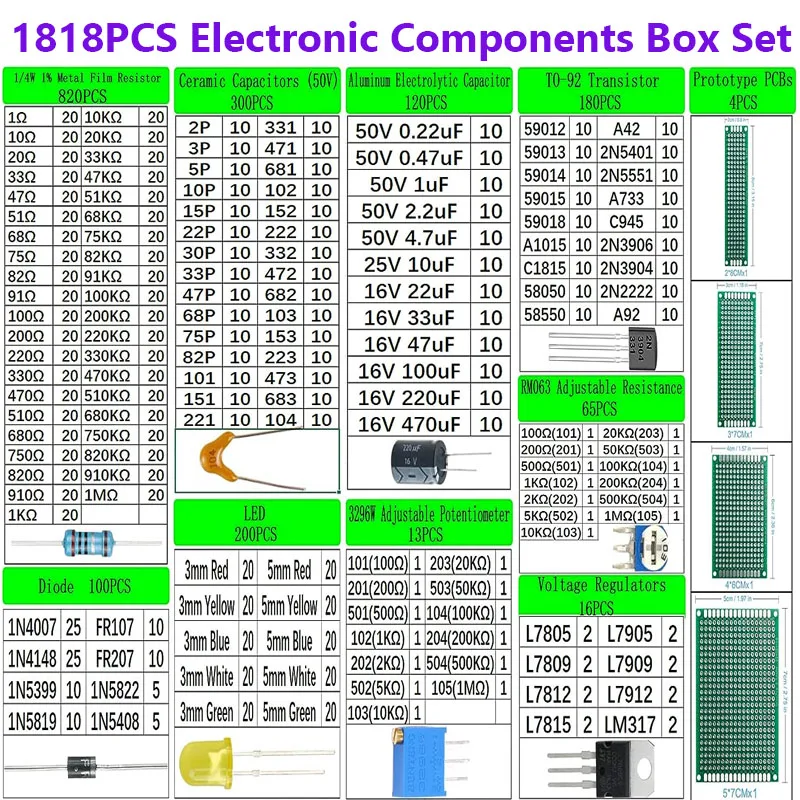 1818 Uds componentes electrónicos kit diy resistor de condensador pcb led 2n2222 RM063 3296W potenciómetros ne555 lm317 diodos monolíticos