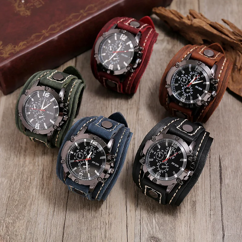 Relojes de cuarzo para hombre, reloj de pulsera de lujo 2024, correa de reloj de piel de vaca, reloj de estilo Punk para hombres, pulseras anchas de cuero genuino