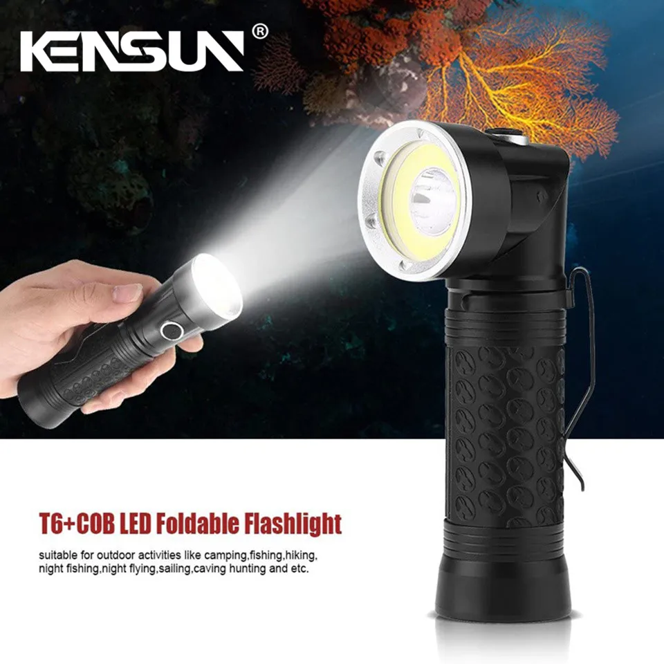 Potente linterna LED T6 + COB, 4 modos, 90 °, luz de trabajo plegable, luz de inspección, linterna táctica con cola magnética para Camping