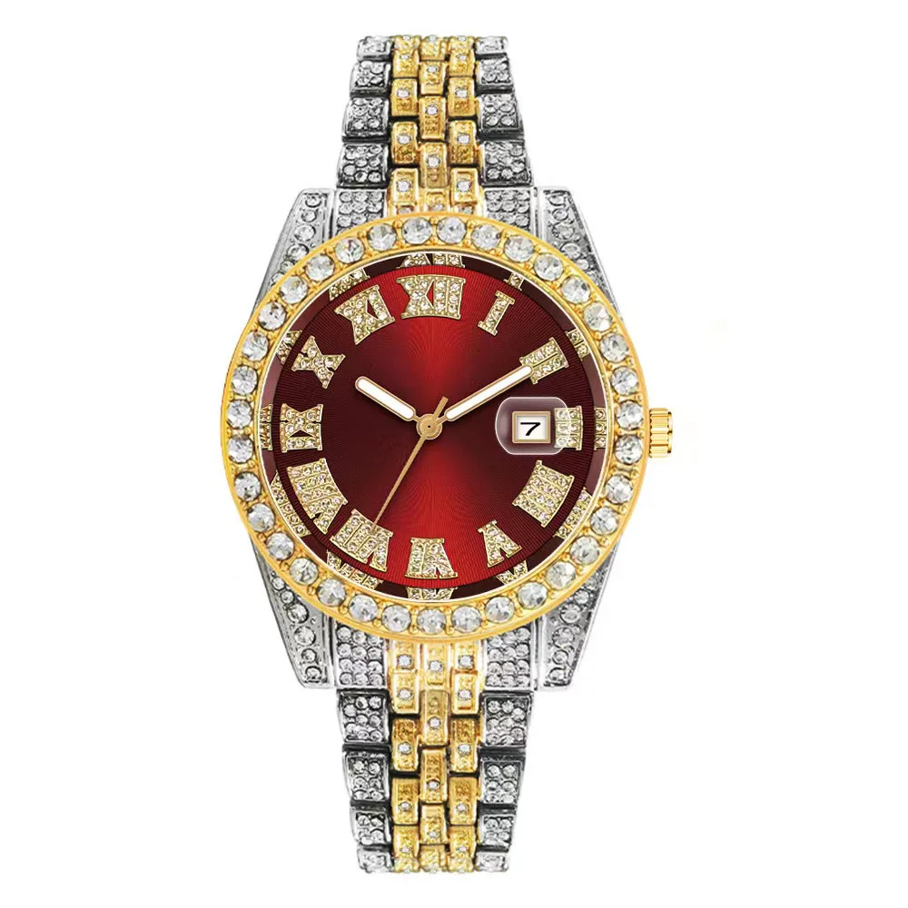 Reloj con calendario de Color dorado de acero inoxidable Hip Hop de lujo para Hombre, Reloj con diamantes de imitación pavimentados helados, Reloj para Hombre
