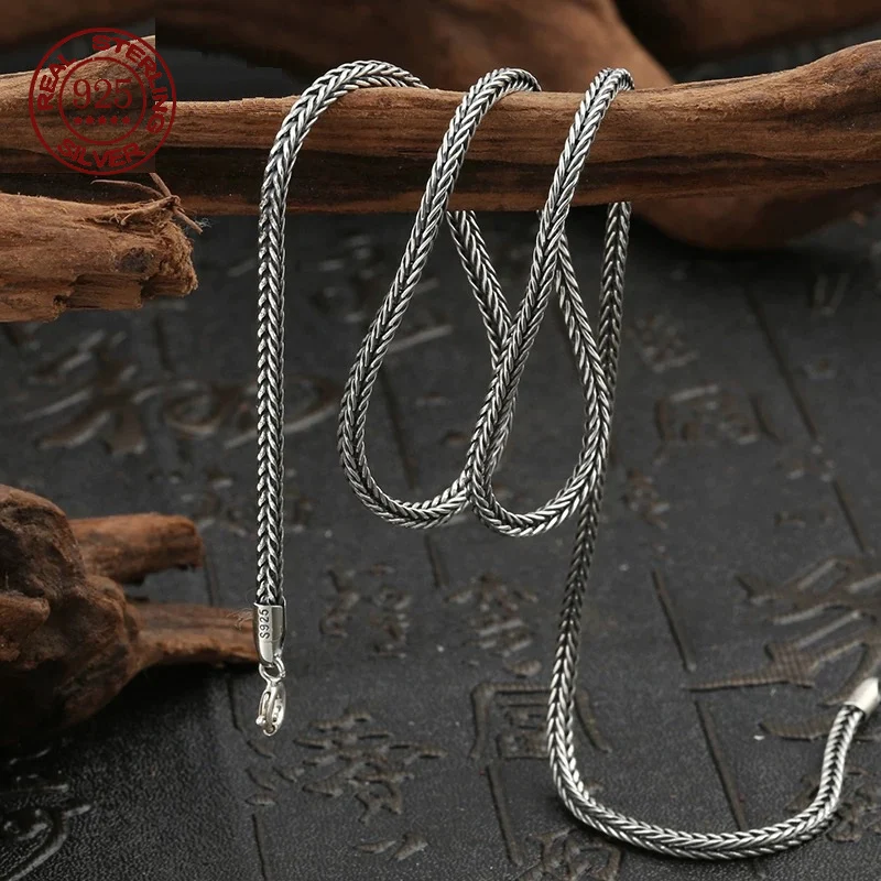 Collar de plata pura auténtica S925 para hombre, collar de cola de zorra de 3MM para hombre, cadena de hueso de serpiente de plata maciza Vintage individual