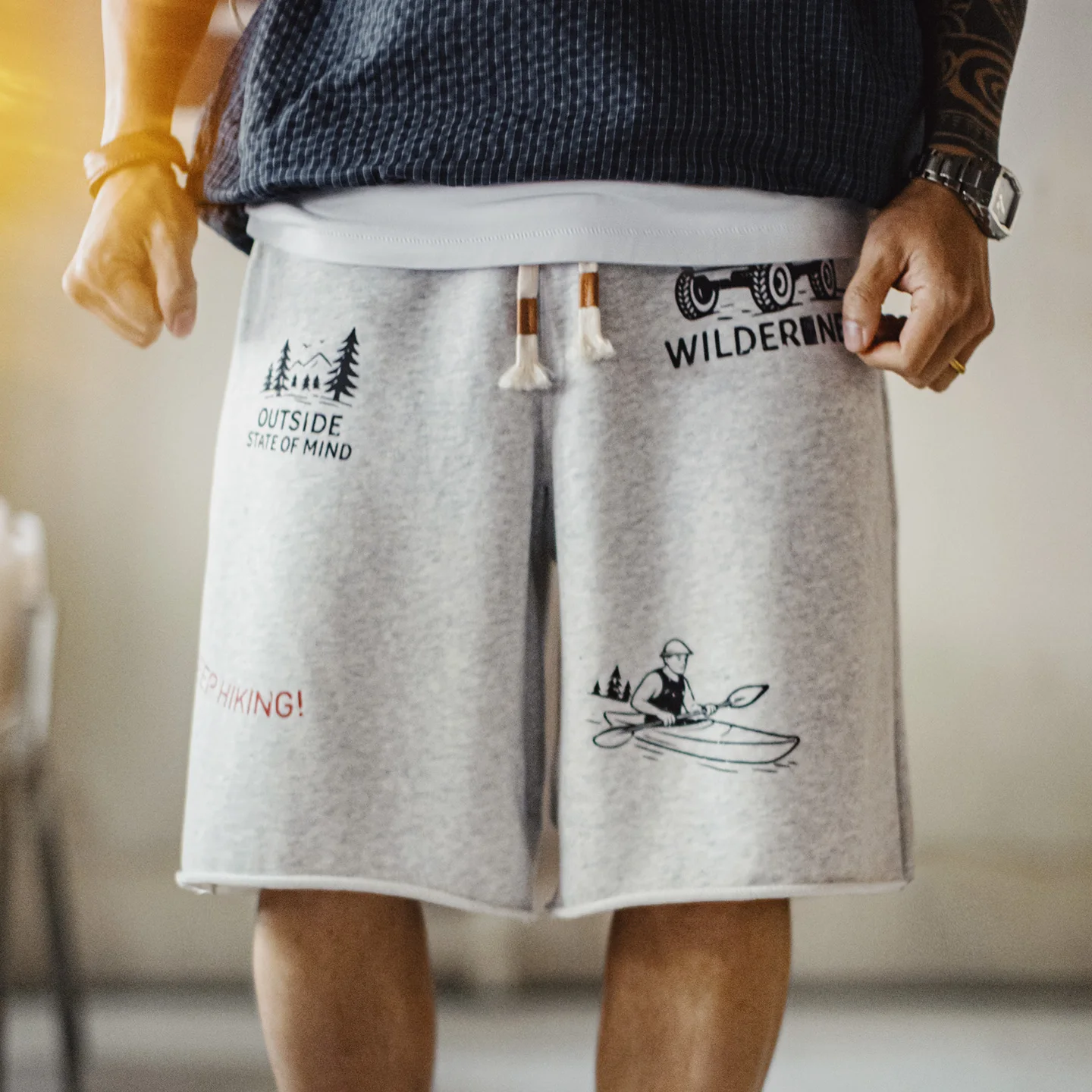 Pantalones Cortos de Verano para Hombre Maden, Estampado Retro, Holgados, Deportivos, Cintura Elástica, Casuales, Tejidos, Largos hasta la Rodilla, Estilo Americano