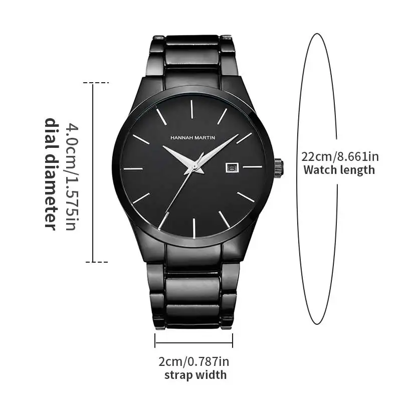 Hannah Martin Reloj de acero inoxidable para hombre Estilo de negocios de moda Estilo minimalista negro Relojes con movimiento de cuarzo resistente al agua 3Bar
