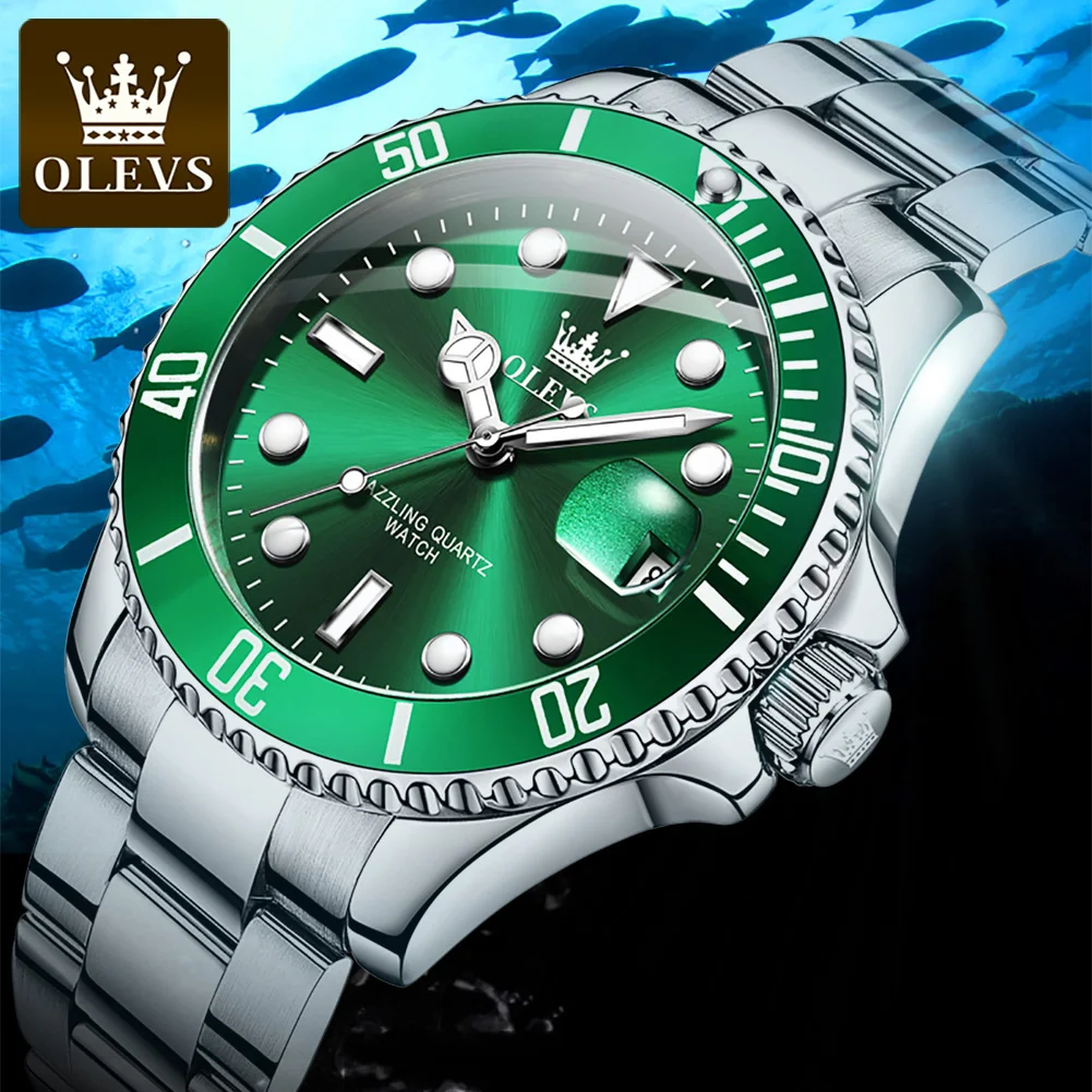 OLEVS 5885 relojes para hombre, correa de acero inoxidable de negocios, reloj de cuarzo verde, calendario resistente al agua, reloj de pulsera luminoso de alta calidad