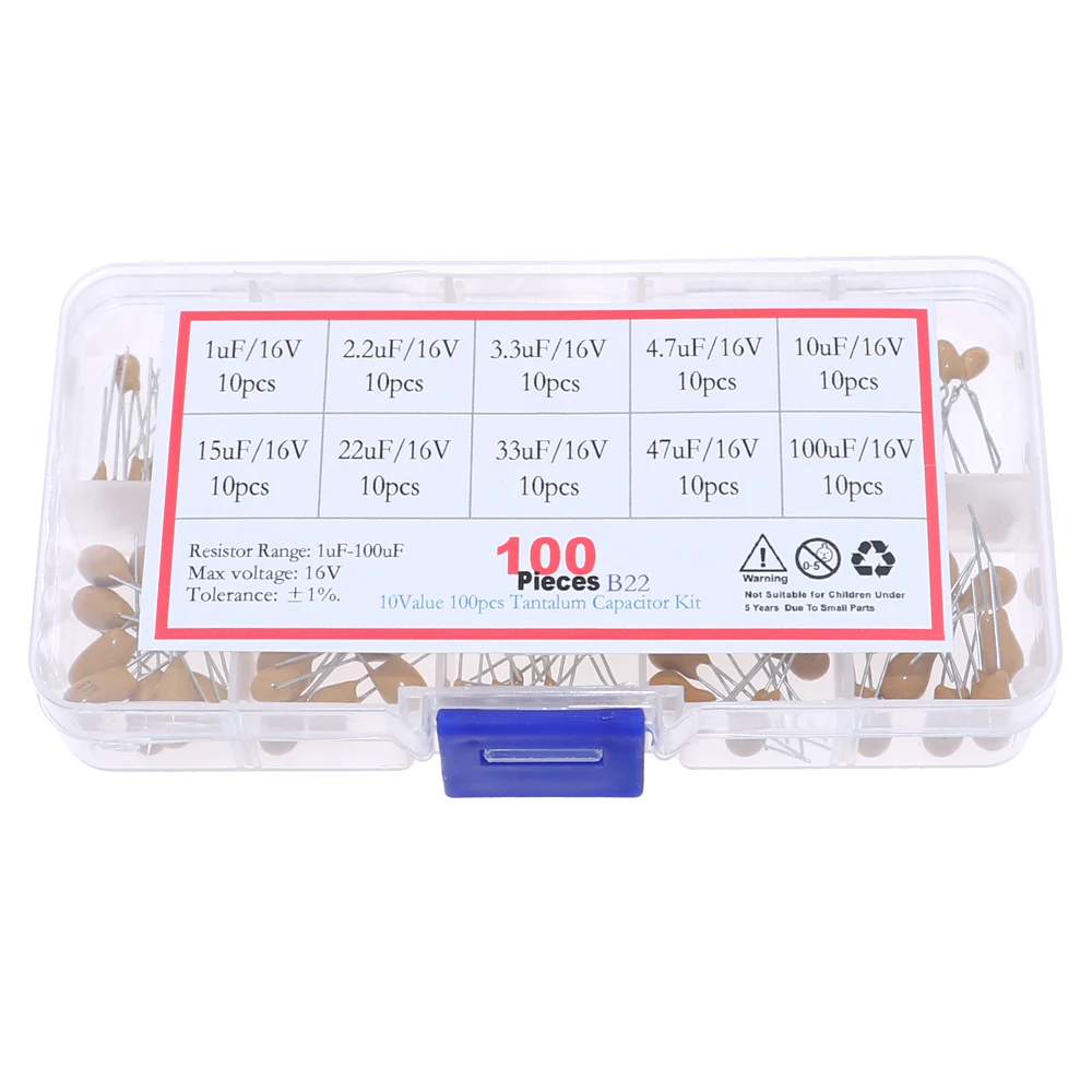 100 Uds 10 valores x 10 Uds 16V Kit surtido de condensadores de tantalio 1uF 2,2uF 3,3uF 4,7uF 10uF 15uF 22uF 33uF 47uF 100uF