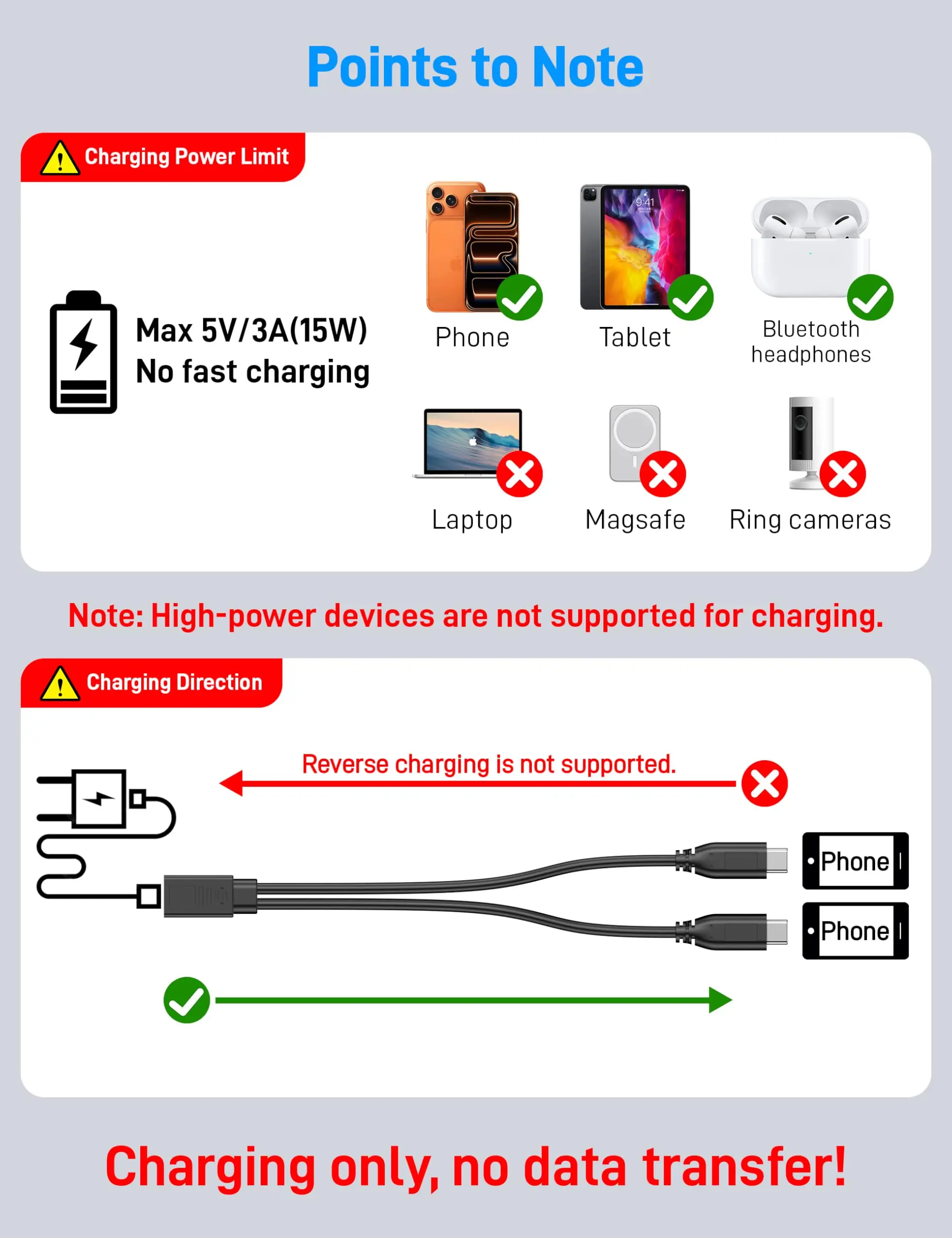 Cable Divisor USB C de 0.3m/1ft, 1 Entrada y 2 Salidas, USB C a Doble Puerto Tipo C Macho, Cable de Extensión para Carga (Solo para Cargar)