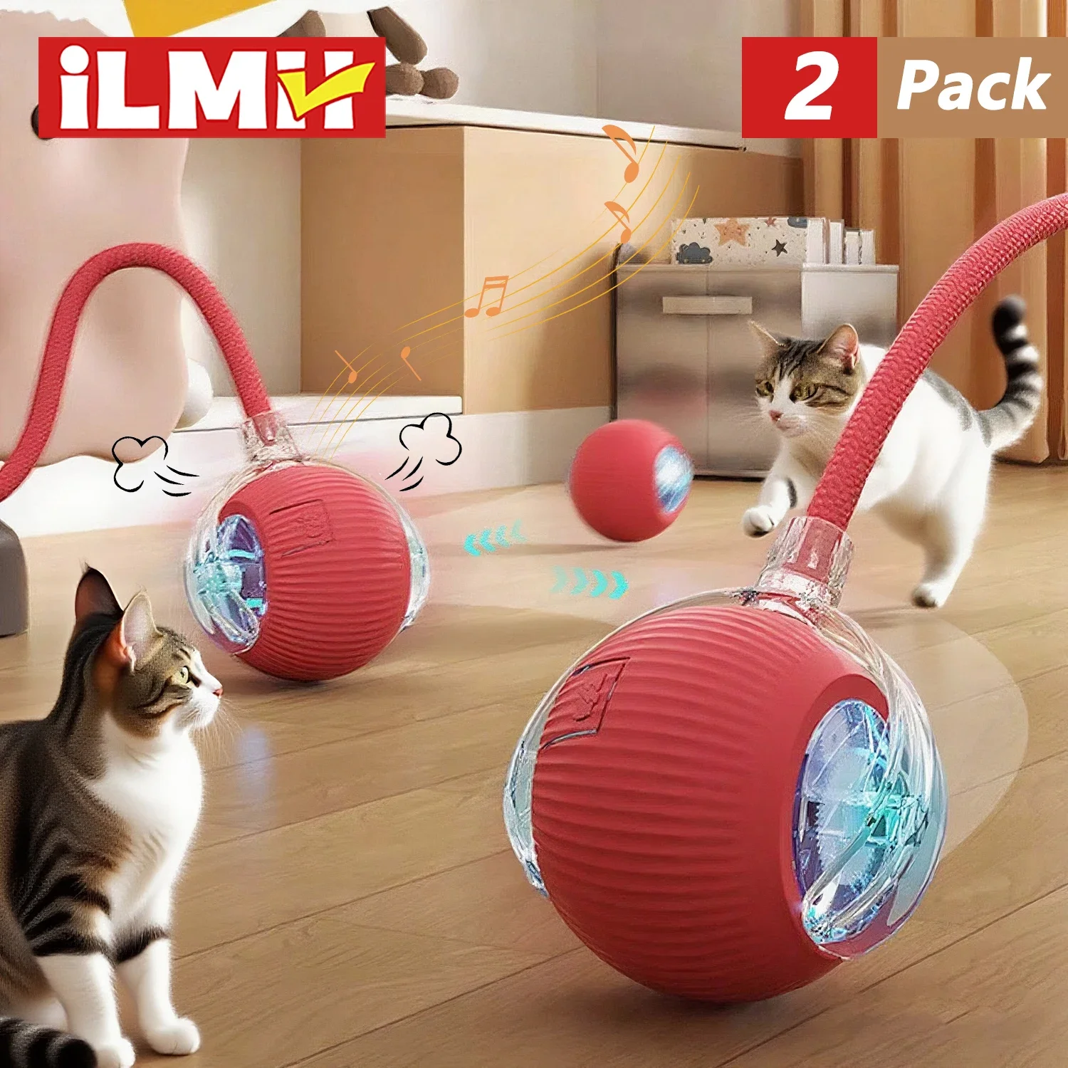 iLMH 1/2 PCS Juguete Interactivo para Gatos, Pelota Rodante Automática con Cola de Imitación, Juguete Eléctrico Inteligente Recargable para Mascotas, Imita Ratones
