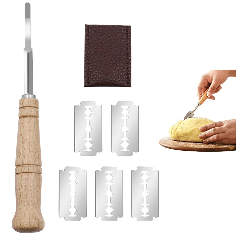 Paño con mango de madera con 5 hojas, puntuación de masa cojo, corte para pan de masa fermentada, cuchillo de puntuación de masa, herramientas de cocina