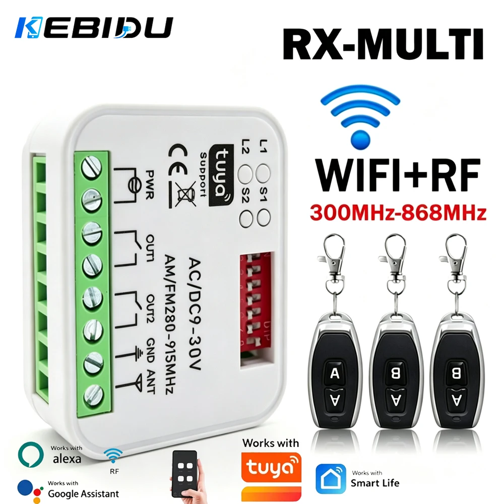 Módulo de Interruptor Inteligente KEBIDU RX MULTI Tuya, 300-868MHz, 2 Canales, 433MHz, 868MHz, Controlador Wifi, Receptor de Control Remoto para Puerta de Garaje/Portón