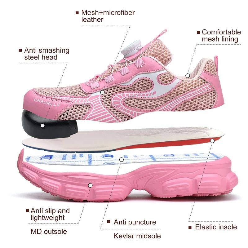 Zapatos de seguridad con botón giratorio para mujer, zapatillas de trabajo transpirables, zapatos con punta de acero, zapatos de protección para mujer, zapatos de trabajo a prueba de pinchazos
