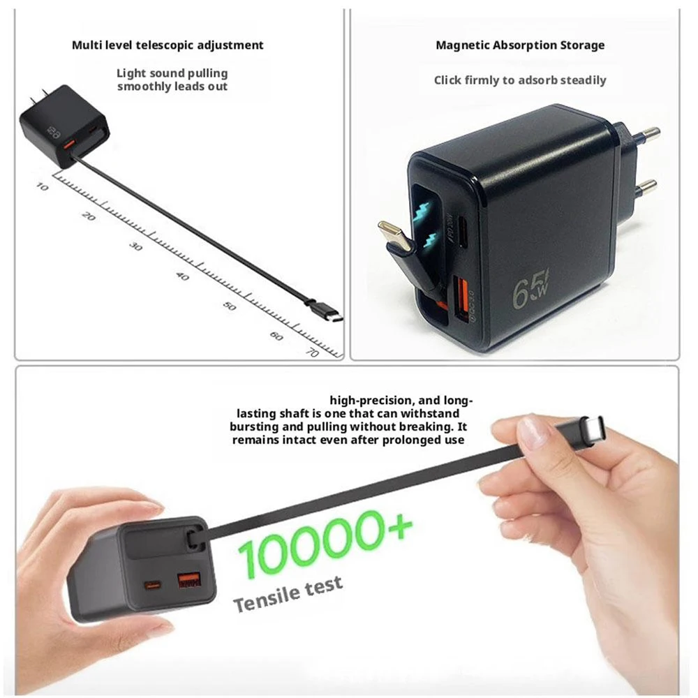 Cargador Rápido USB C de 65W con Cable Retráctil Tipo C, Adaptador de Pared con Enchufe EU/US/UK para iPhone, Samsung, Xiaomi, Huawei, Carga PD