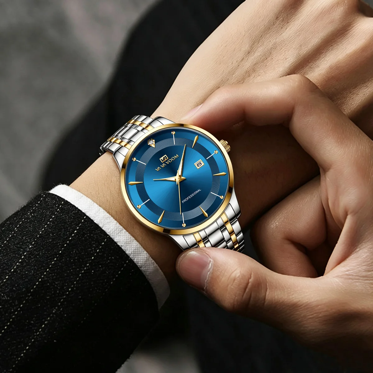 Reloj para hombre con caja de 43mm, estilo de acero inoxidable, diamantes de imitación de lujo, resistente al agua hasta 3bar, movimiento de cuarzo, relojes de negocios, relojes masculinos