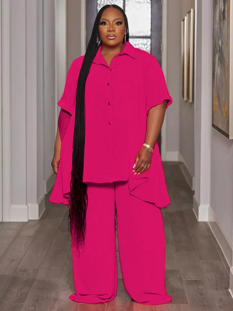 Wmstar-Conjunto de dos piezas de talla grande para mujer, camiseta informal con botones sólidos, pantalones de pierna ancha, trajes femeninos, venta al por mayor, envío directo, 5XL, Verano