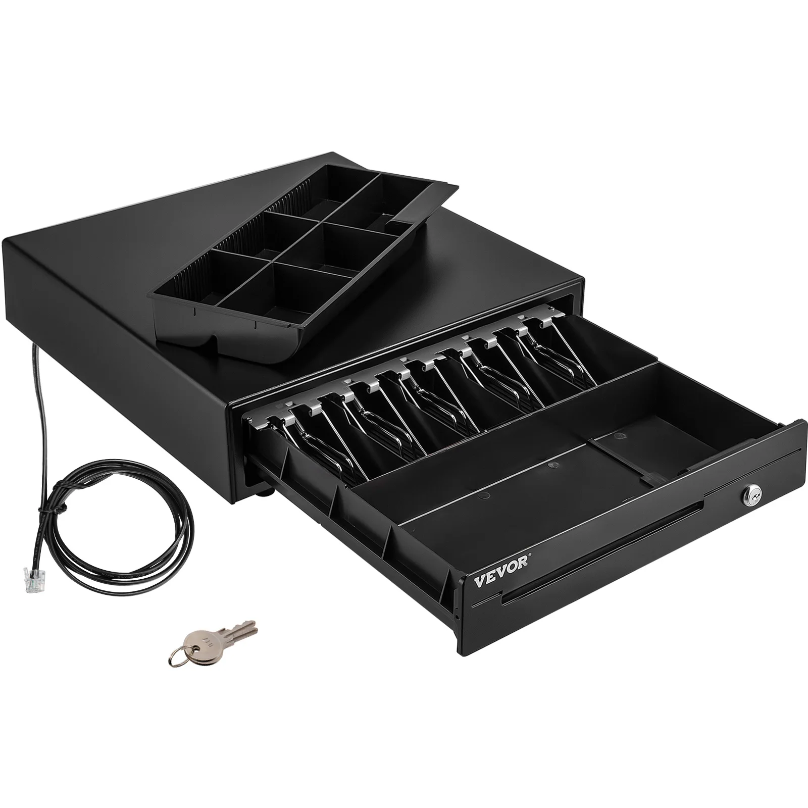 SucceBuy Cajón de caja registradora de 16" y 12 V para bandeja de sistema POS Compartimento para monedas extraíble y 2 llaves incluidas Cajón de cables RJ11/RJ12