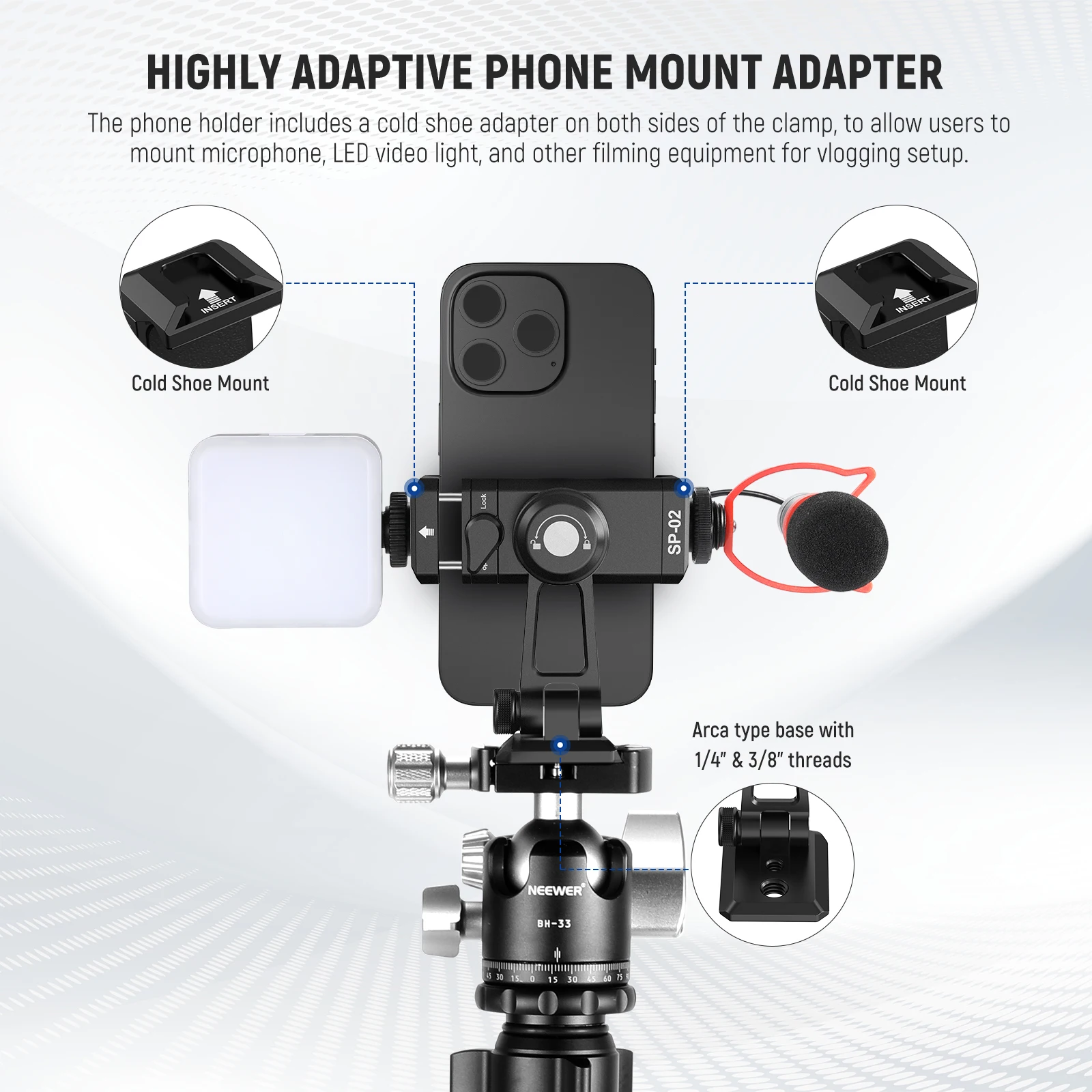 NEEWER Adaptador de montaje en trípode para teléfono de metal con base Arca QR, zapata fría, 360 °   Giratorio 180 °   Inclinación, soporte para teléfono compatible con iPhone
