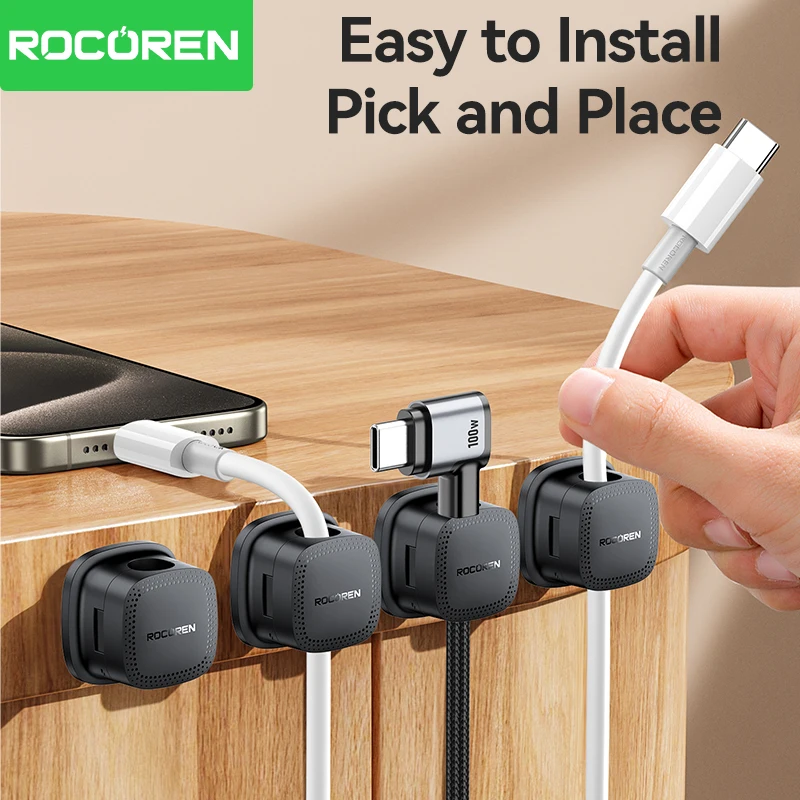 Rocoren-organizador de cables magnético, soporte de cables ajustable suave debajo del escritorio, gestión de cables estable, Clips para cables, 6 uds.