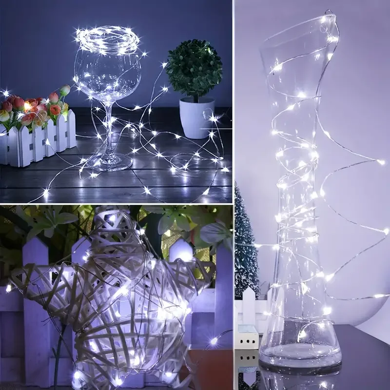 Guirnalda de luces LED con batería, 10 Uds., resistente al agua, alambre plateado, luz de luna para bricolaje, fiesta de boda, dormitorio, decoración de pasteles