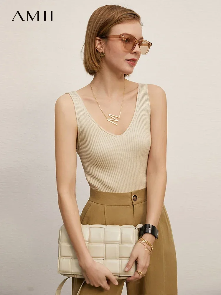 Amii Minimalism, novedad de verano, camisola para mujer, Tops de oficina para mujer, chaleco ajustado sexi con cuello en V, camisetas sin mangas para niñas, ropa de calle 12321058