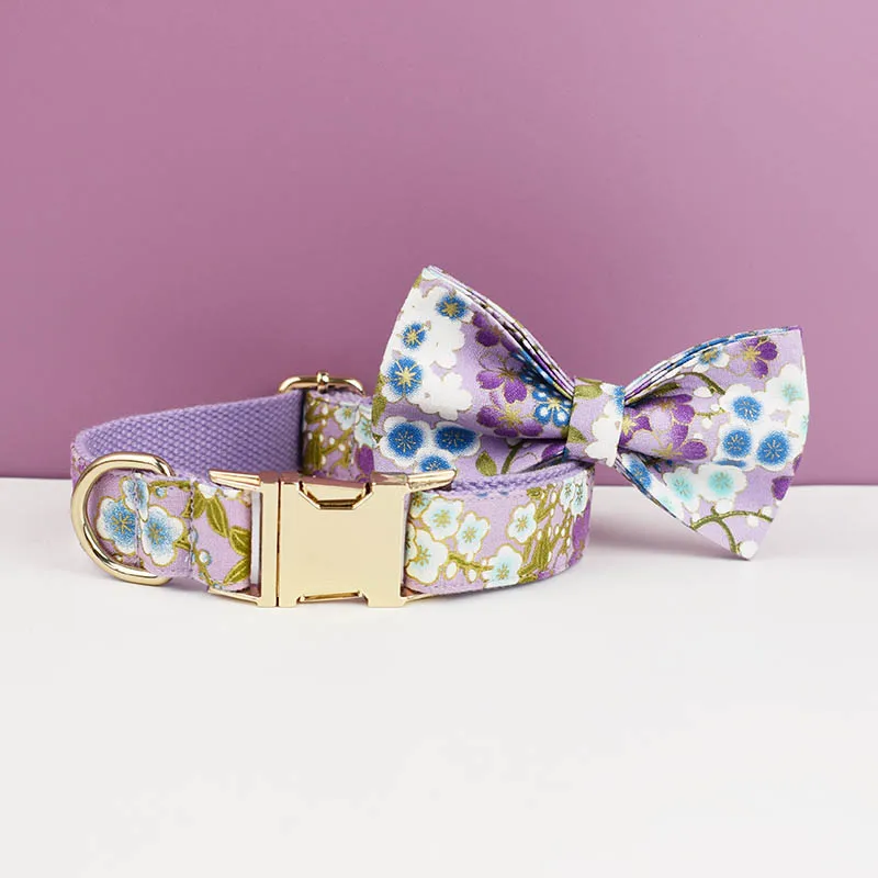 Arnés Ajustable para Perro, Estampado Morado, Algodón Suave, Collar Personalizado para Perro, Juego de Correas y Arnés con Lazo, Accesorios para Perro, Flores 03