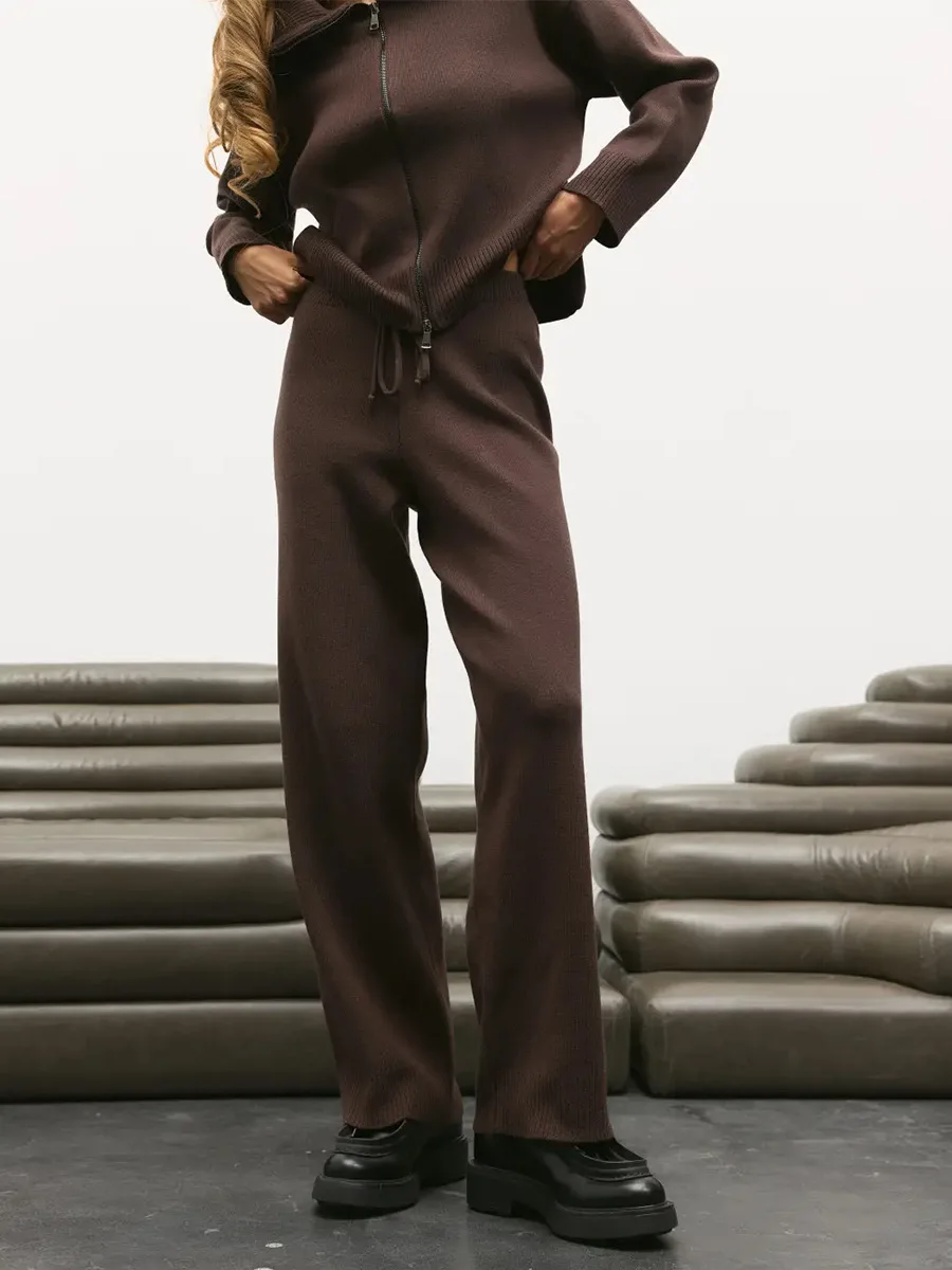 Conjunto de Punto con Capucha Wolfeel, Otoño/Invierno 2026, Nuevo Conjunto Casual de Dos Piezas con Top con Cierre y Pantalones Anchos con Cordón