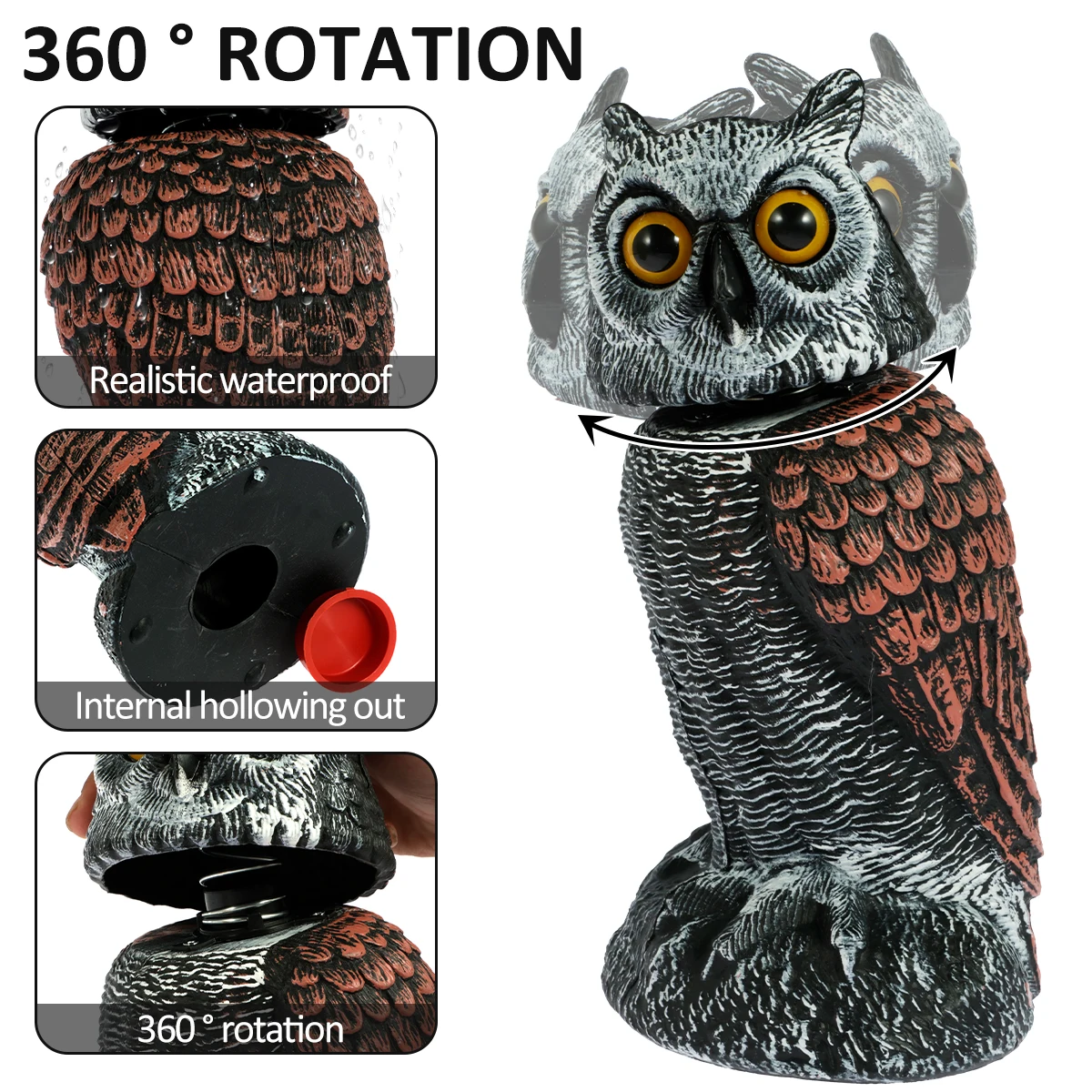 Dispositivos de control de aves Owl Spare con 360 °   Cabeza giratoria impermeable búho falso espantapájaros señuelo simulación realista búho pájaro disuasivo