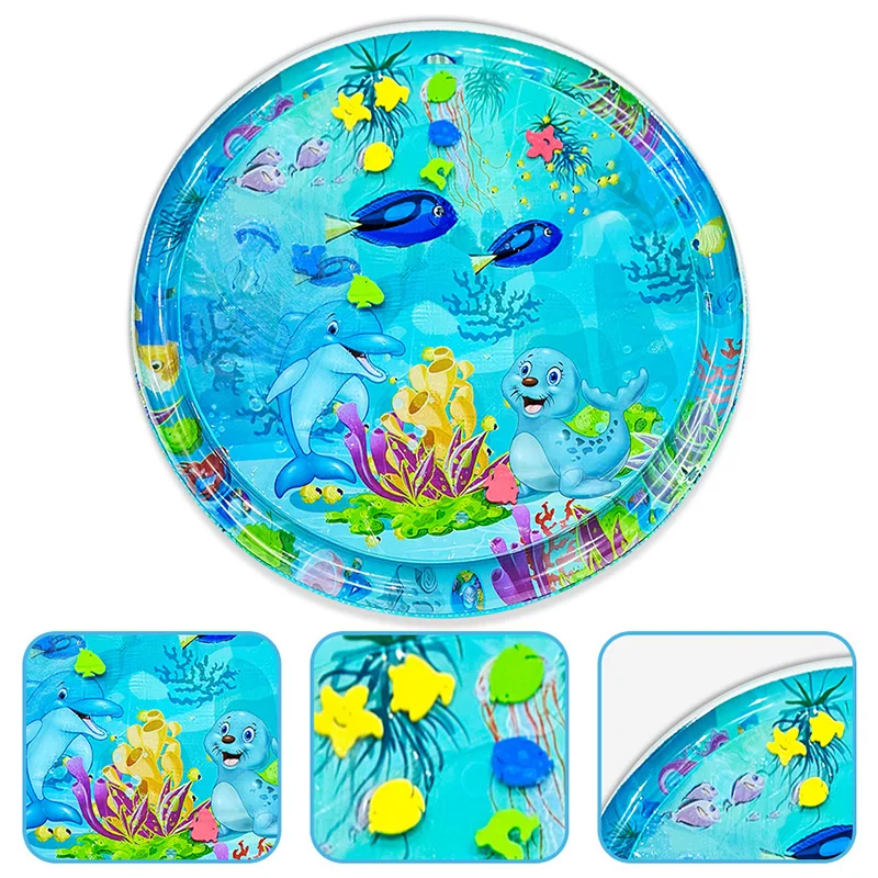 Alfombra de agua grande para jugar al bebé, 100cm, patrón de sello de delfín, alfombra de juego redonda inflable de PVC, cojín, regalo para niños, 1 ud.