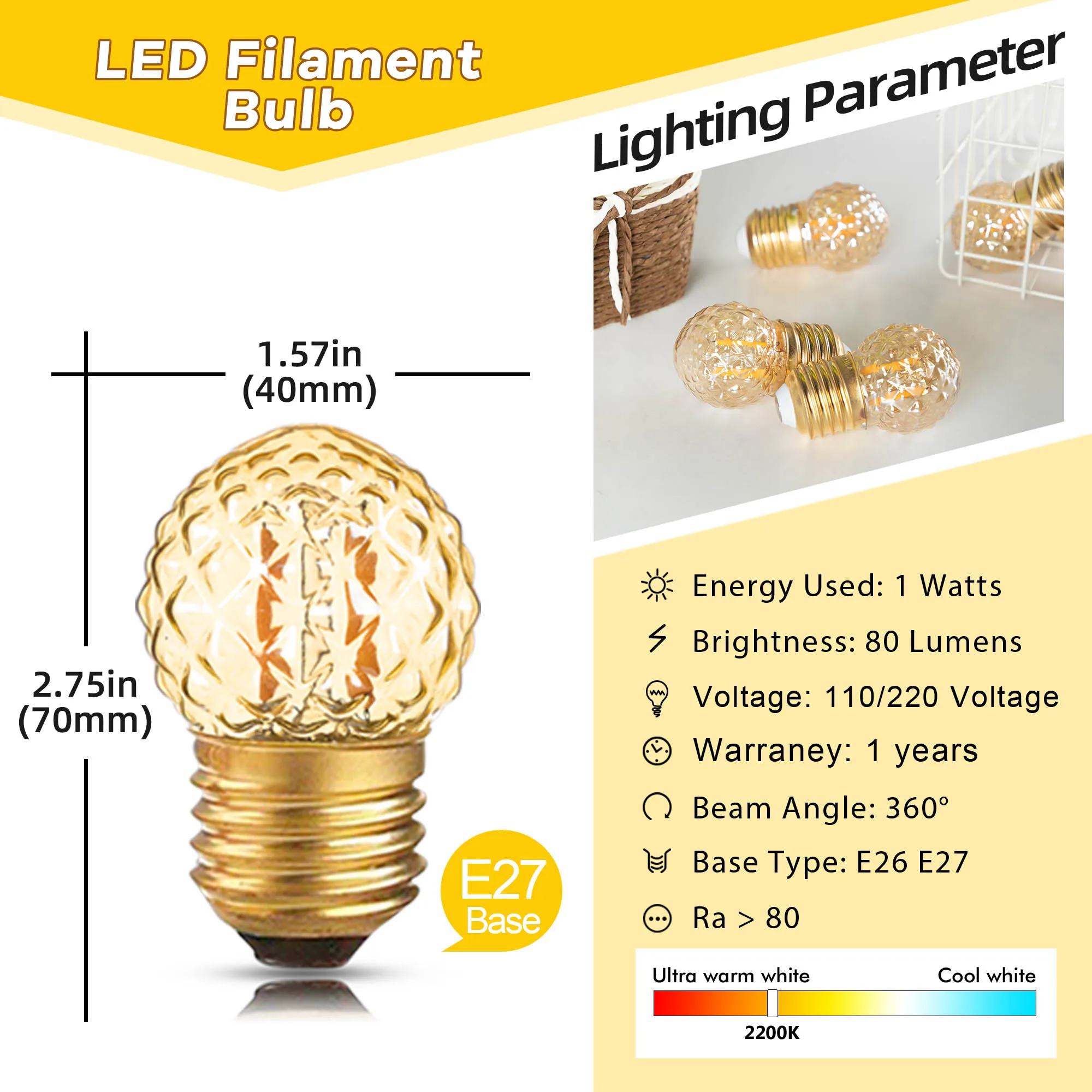 Bombillas LED Nocturnas G40 E27 de Bajo Consumo, 1W, Equivalentes a una Bombilla Incandescente de 10W, Regulables, Decorativas, con Forma de Diamante, de Vidrio Ámbar