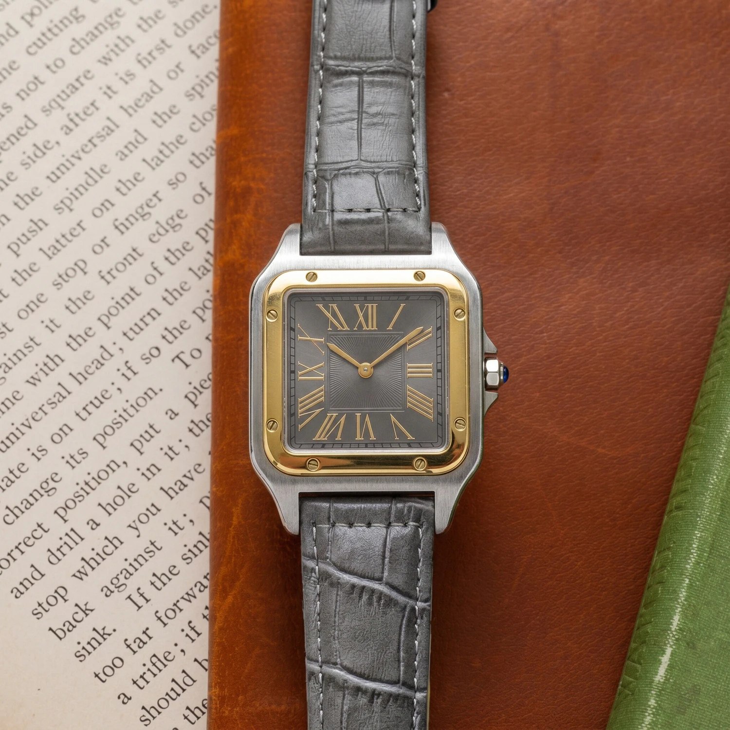 Reloj de Pulsera para Hombre CILOA de Lujo con Números Romanos Cuadrados, Caja de Dos Tonos, Correa de Cuero Gris, Elegante Reloj de Cuarzo para Uso Diario