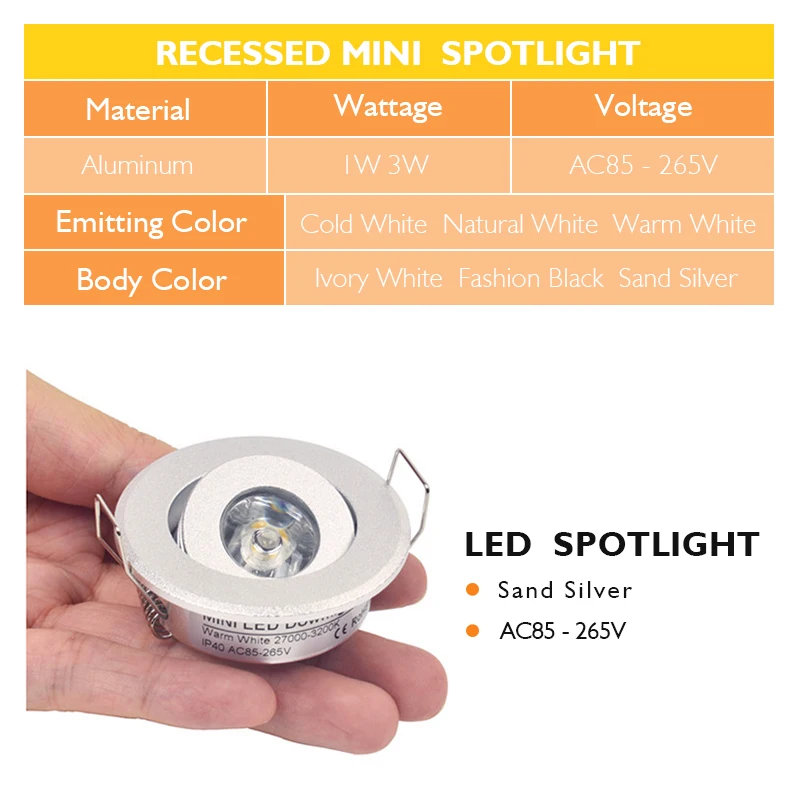 Mini luz LED empotrable de 6 piezas, 3W 1W, regulable, luz puntual, luces empotradas AC85-265V, luz de techo de aluminio de 52 mm