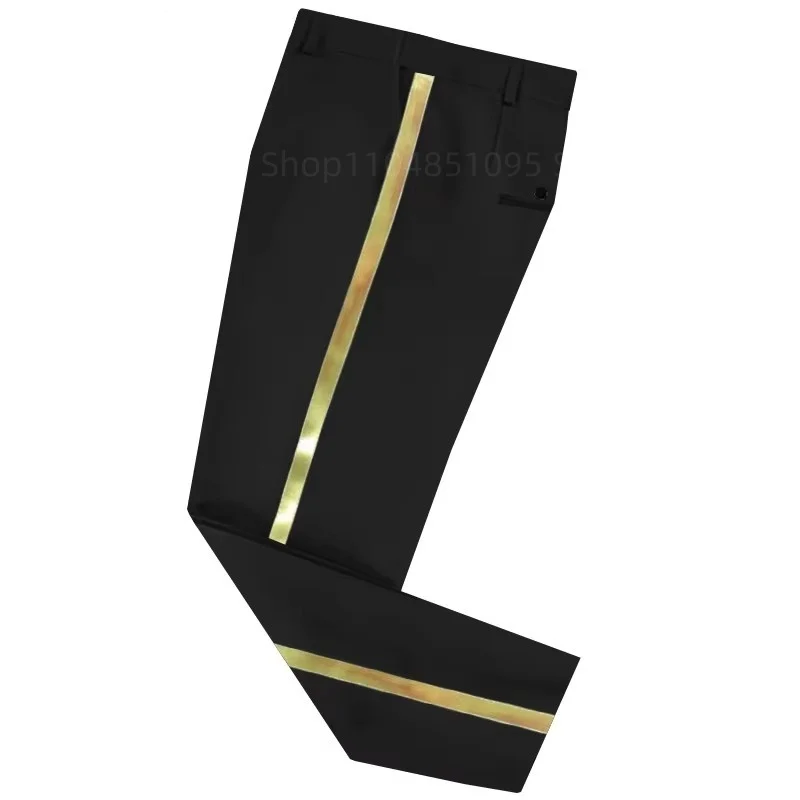 XS-6XL pantalones de traje negros para hombre, pantalones formales informales con ribete de cuero dorado para oficina, pantalones formales rectos elásticos