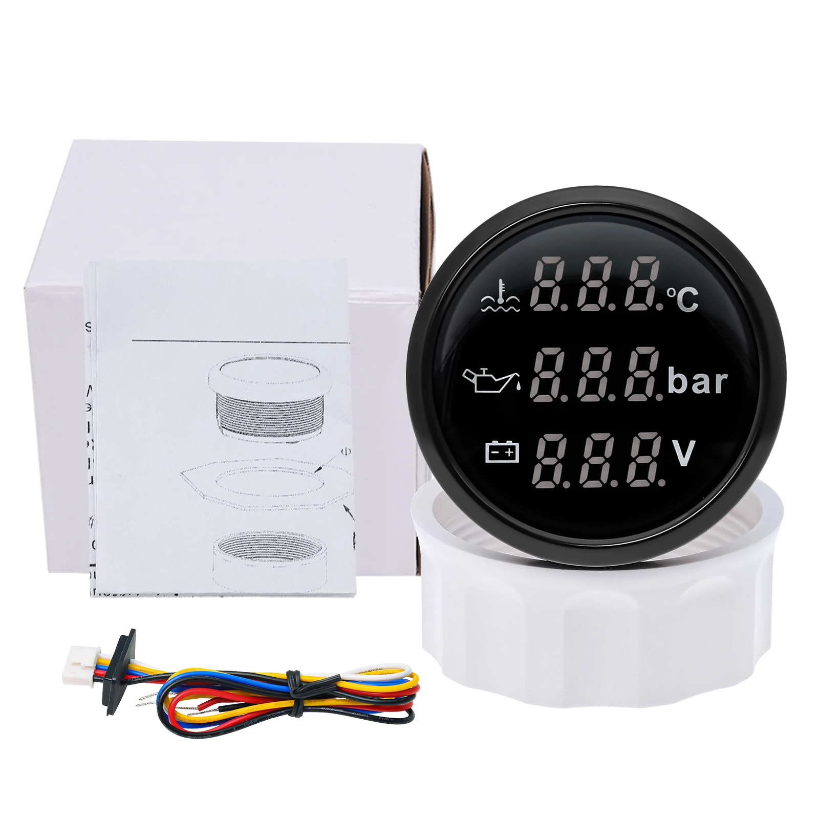Medidor digital 3 en 1 de 52 mm con alarma 0~120 ℃   Medidor de temperatura del agua + presión de aceite + voltaje con prensa de aceite/Sensor de temperatura del agua personalizado