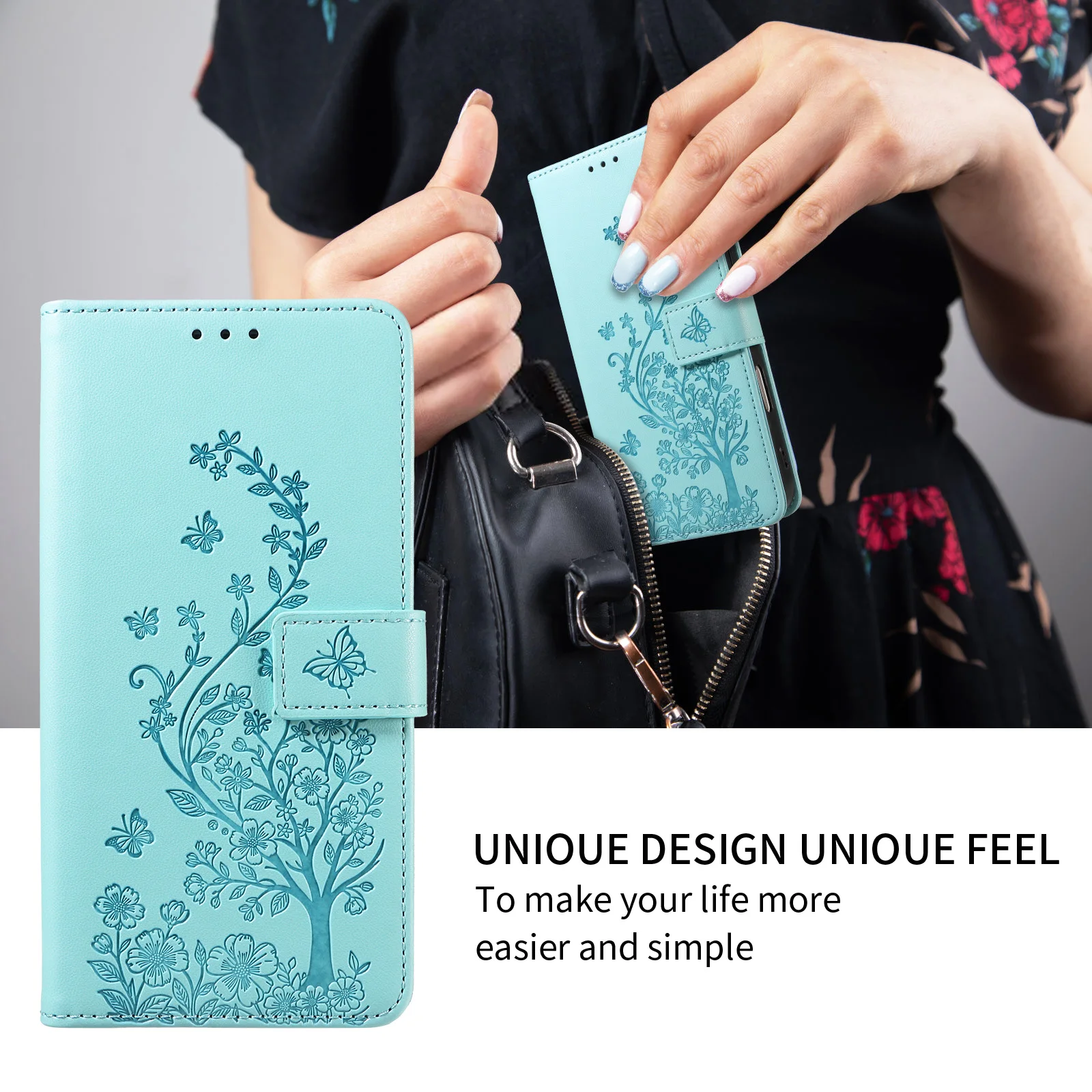 Funda Protectora para Samsung S26 Ultra S25 S24 S23 S22Plus S21Fe, Elegante Funda de Teléfono Tipo Cartera con Relieve de Cuero Sintético