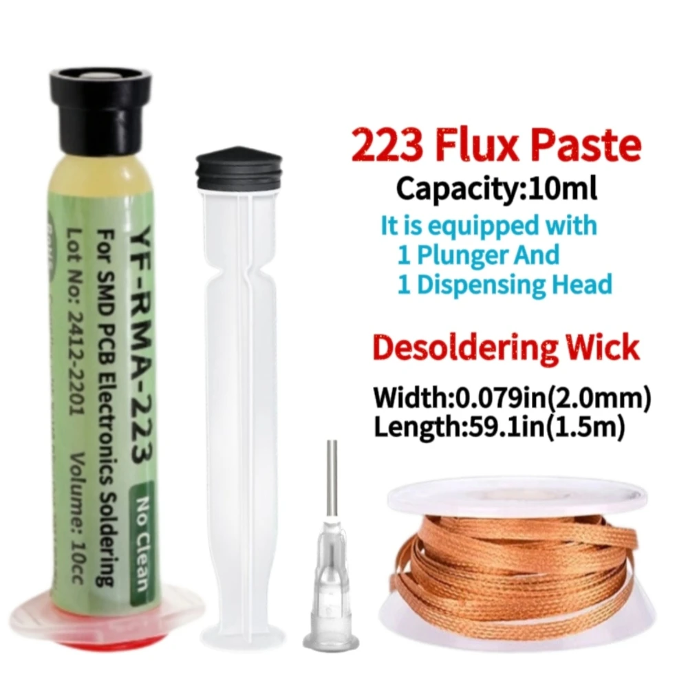 Kit de Trenza Desoldadora de 1.5M + Pasta de Soldadura RMA-223 en Jeringa, Juego de Alambres para Remover Soldadura, Herramienta de Reparación y Retrabajo de Componentes Electrónicos PCB