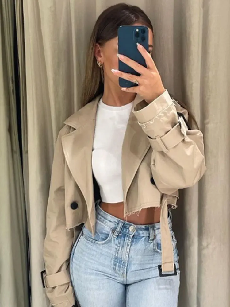 Gabardina recortada con cinturón para mujer, chaqueta de primavera, ropa de calle Vintage, Top de manga larga con doble botonadura, trajes de abrigo para mujer 2024