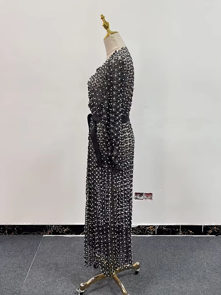 TWOTWINSTYLE, vestidos elegantes de parches lisos con perlas para mujer, cuello redondo, manga larga, lazo empalmado, vestido Midi adelgazante para mujer, nuevo