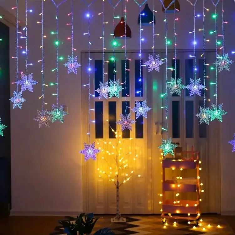 Guirnalda de luces LED con copos de nieve de Navidad, 3,2 M, luces de cortina de hadas intermitentes, impermeables para fiestas, bodas, decoración navideña