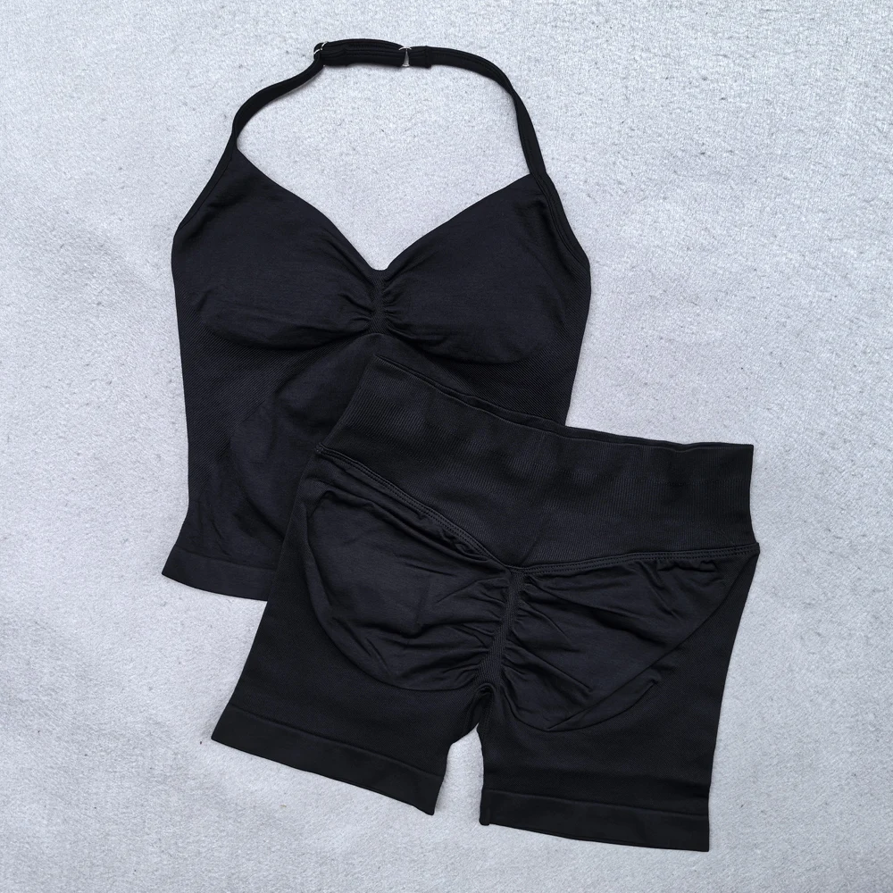 Conjunto de Yoga de 2 piezas para mujer, camiseta sin mangas con tiras ajustables sin costuras, pantalones cortos deportivos, ropa de gimnasio, trajes de entrenamiento de verano para mujer