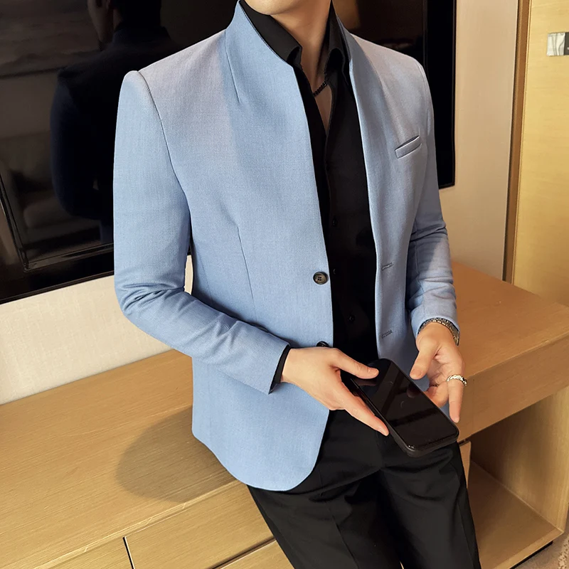 Waffle nuevo traje chino con cuello levantado abrigos hombres Slim Fit negocios Casual trajes de moda chaqueta Formal Social fiesta de graduación esmoquin