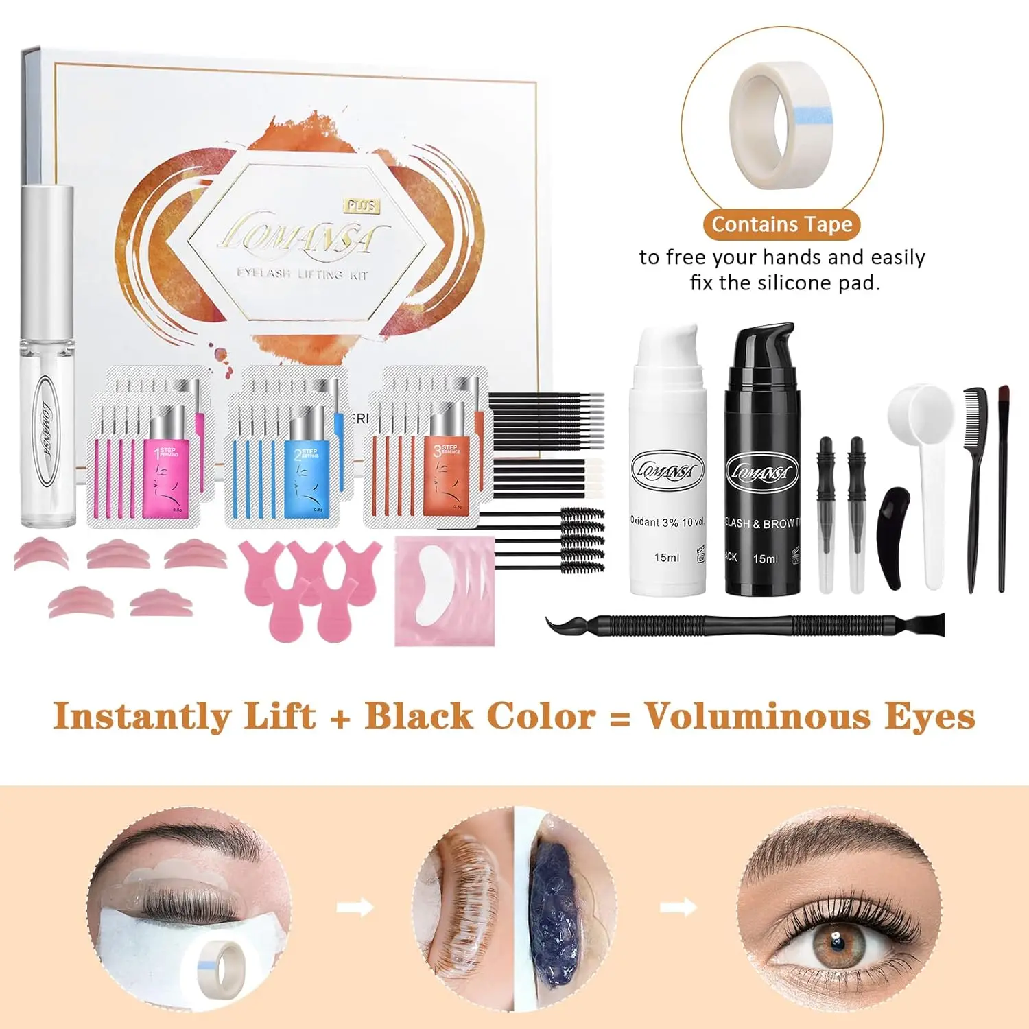 Lomansa-Kit de tinte y levantamiento de pestañas 4 en 1, Kit de laminación de cejas de elevación de pestañas instantánea y completa, tinte rápido de cejas y herramientas de maquillaje voluminosas