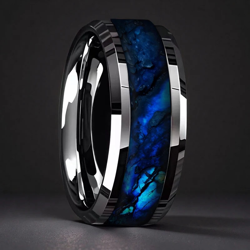 Anillo de Acero Inoxidable para Hombre SUNFLOWER 2026, Diseño de Cielo Estrellado Azul, Anillo de Boda Único, Resistente a la Decoloración, Pulido, con Doble Bisel