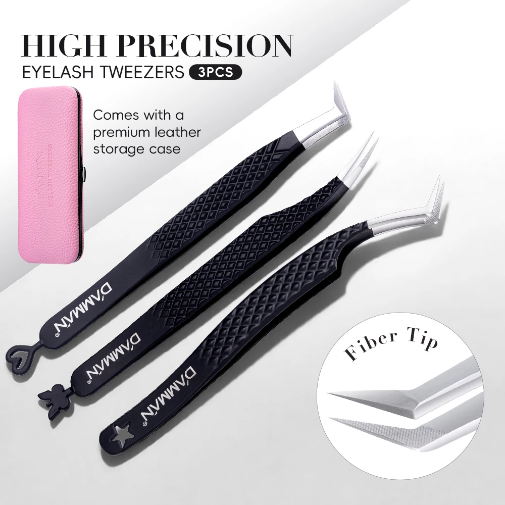 DAMMAN Juego de 3 Pinzas para Pestañas con Punta de Fibra para Extensión de Pestañas, Pinzas de Alta Precisión con Estuche de Cuero