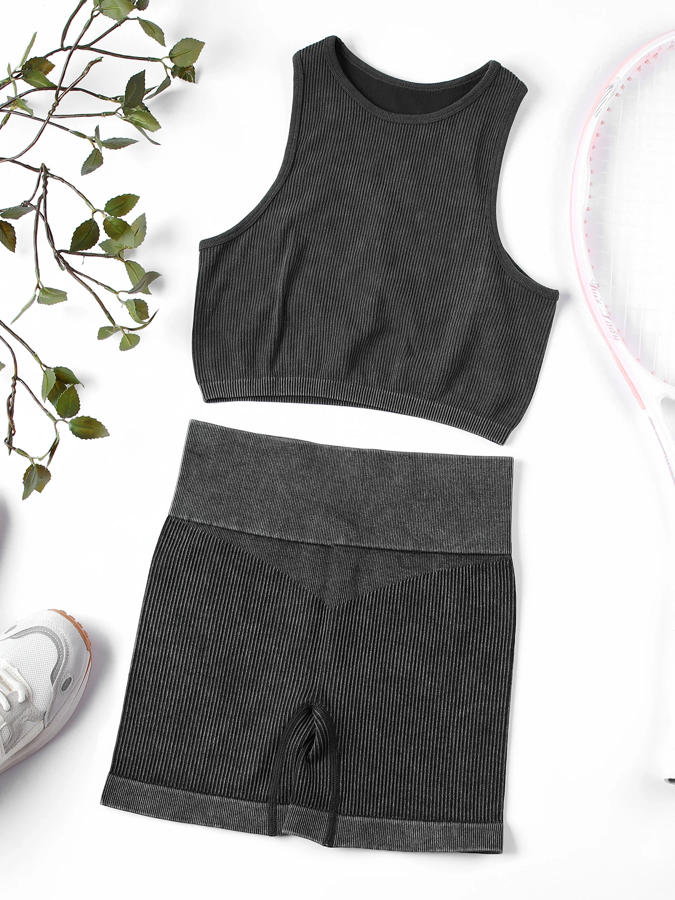 CHRLEISURE-traje de Yoga acanalado lavado para mujer, chaleco deportivo sin almohadilla con pantalones cortos de ciclismo, conjunto deportivo elástico ajustado, 2 uds.