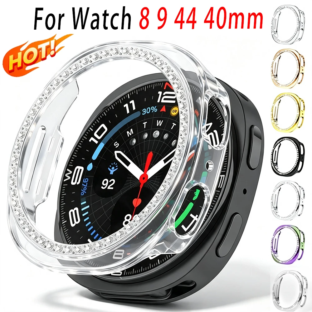 Funda rígida de PC para Samsung Galaxy Watch 9 8 44 40mm, funda hueca con diamantes brillantes para Galaxy Watch 8 9, accesorios de cubierta protectora