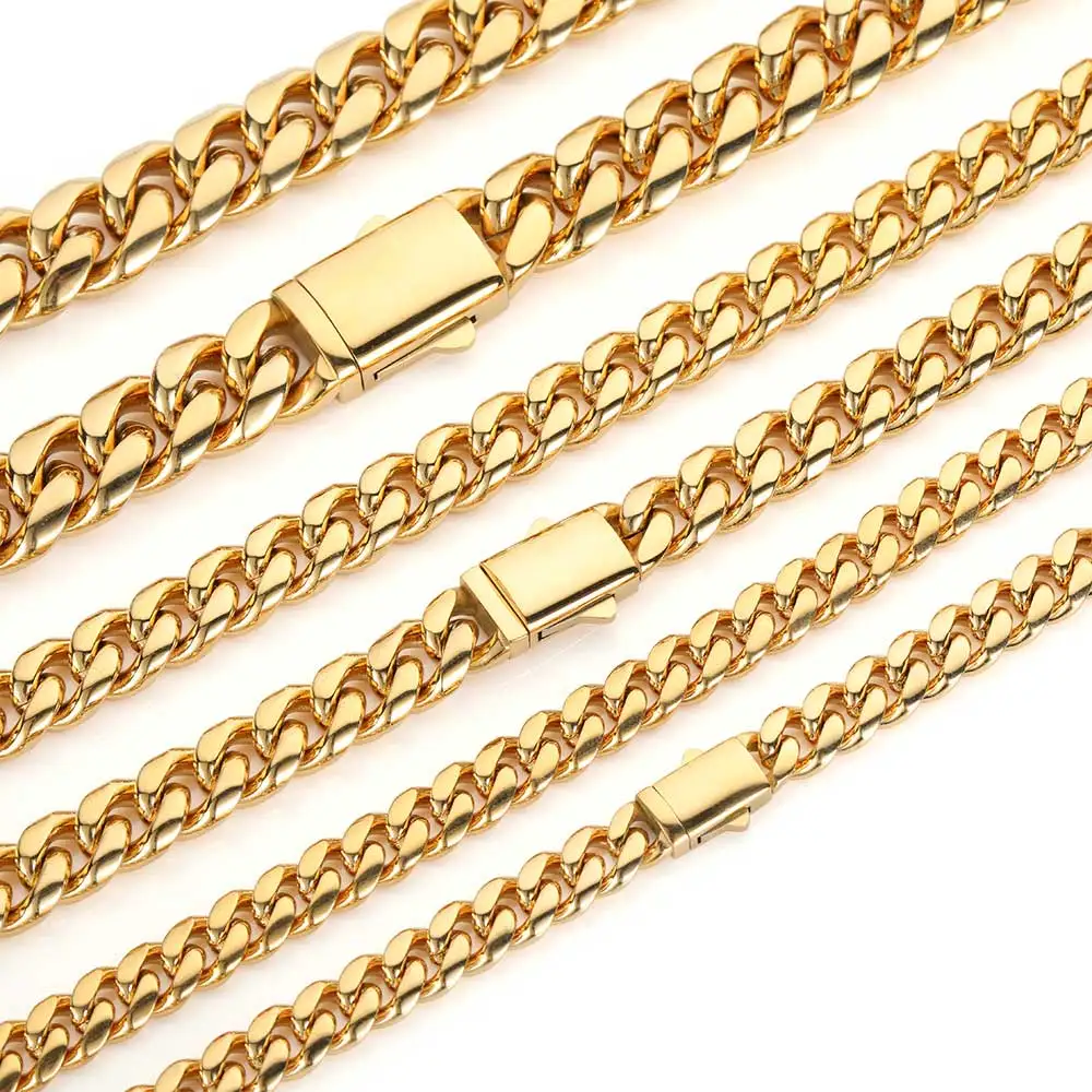 Cadena Cubana de Acero Inoxidable de Alta Calidad, Color Dorado, Ancho de 8-14 mm, Resistente al Agua, para Hombre y Mujer, Collar de Eslabones, Varios Tamaños