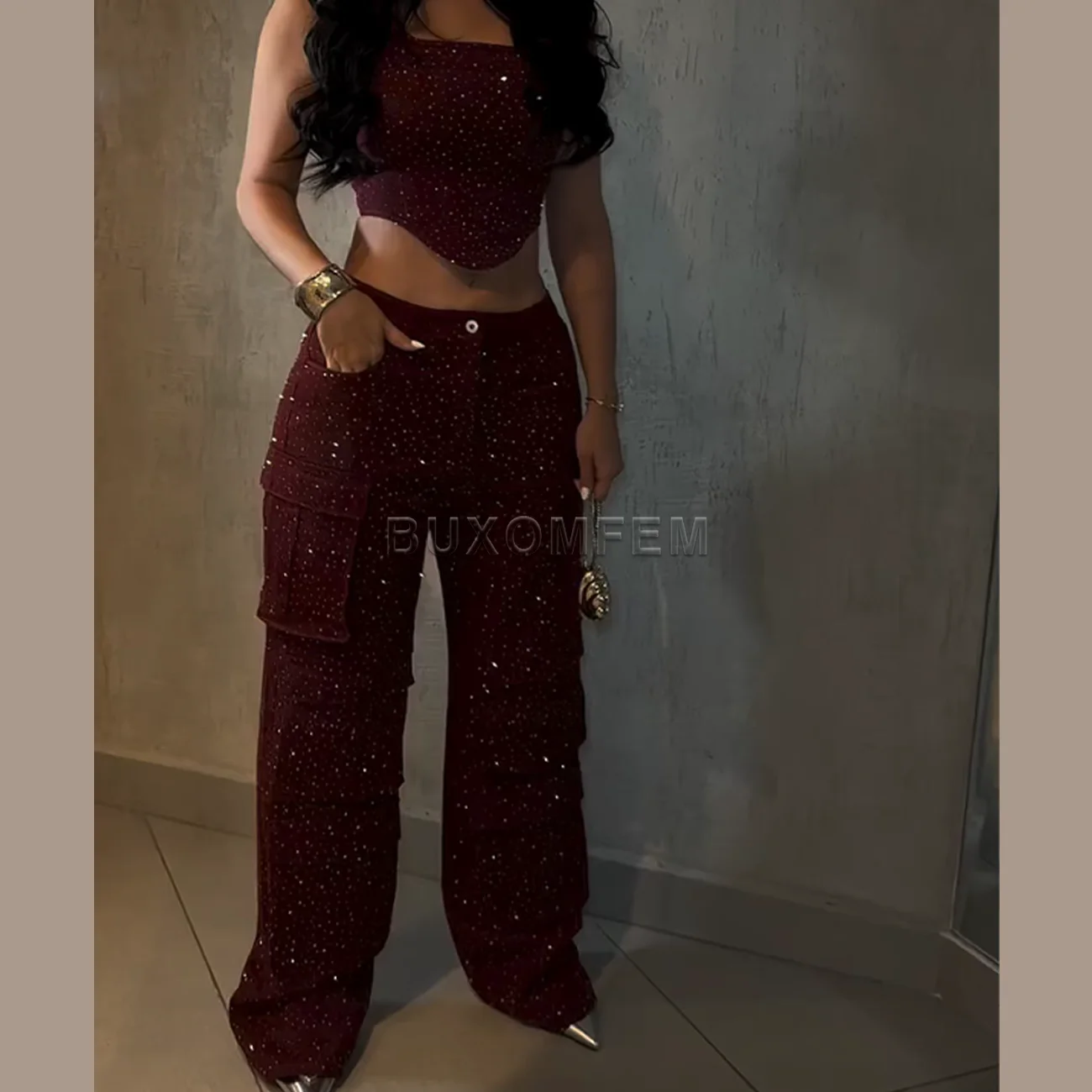 Conjunto de pantalones de trabajo con correa de diamante para mujer, pantalones Push Up a la moda, monos vaqueros para mujer, ropa de calle, ropa de fiesta de noche