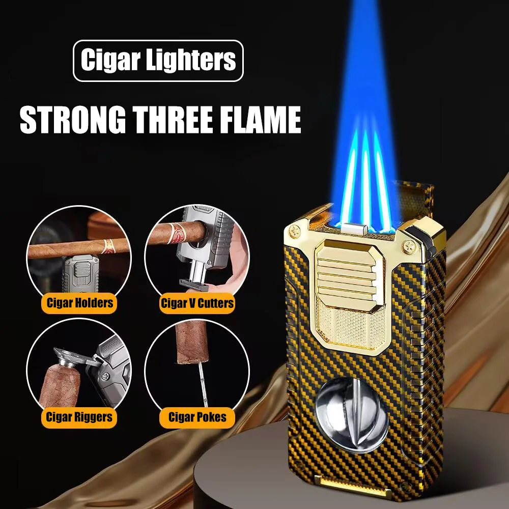 Encendedor de cigarros de triple llama resistente, cortador de cigarros en forma de V, perforador de cigarros con ventana visual de gas y aguja pasante.