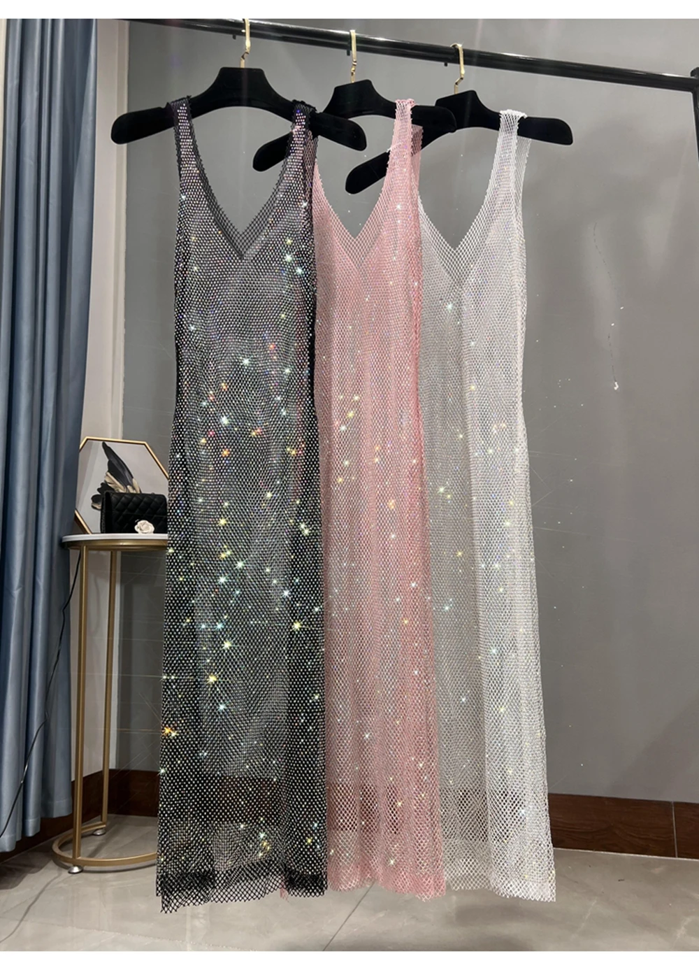 Vestido de fiesta con diamantes de imitación para mujer, ropa Sexy de malla larga fina y brillante con cuello en V profundo, novedad de verano 2023