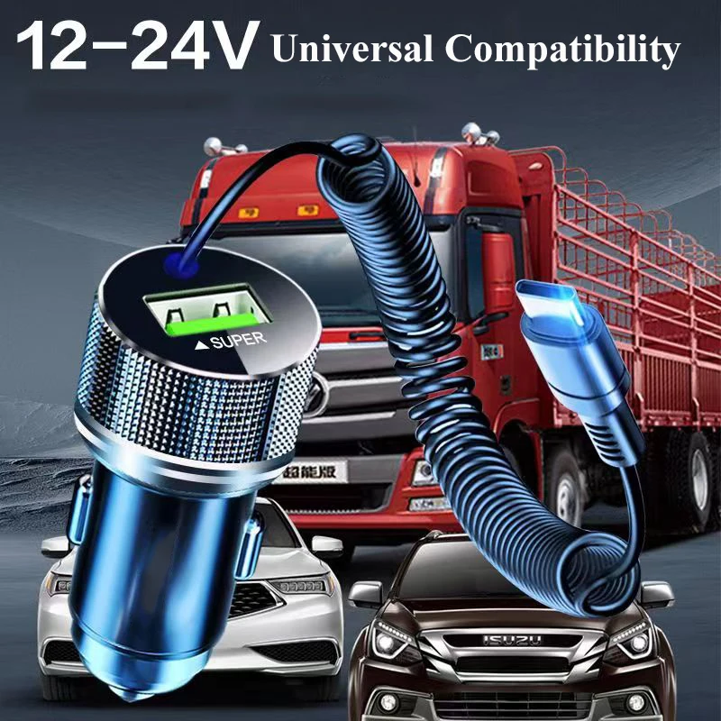 Cargador de coche USB de Metal EDEBA con Cable tipo C 12V adaptador de vehículo de carga súper rápida 2 en 1 para iPhone Samsung Huawei VIVO OPPO