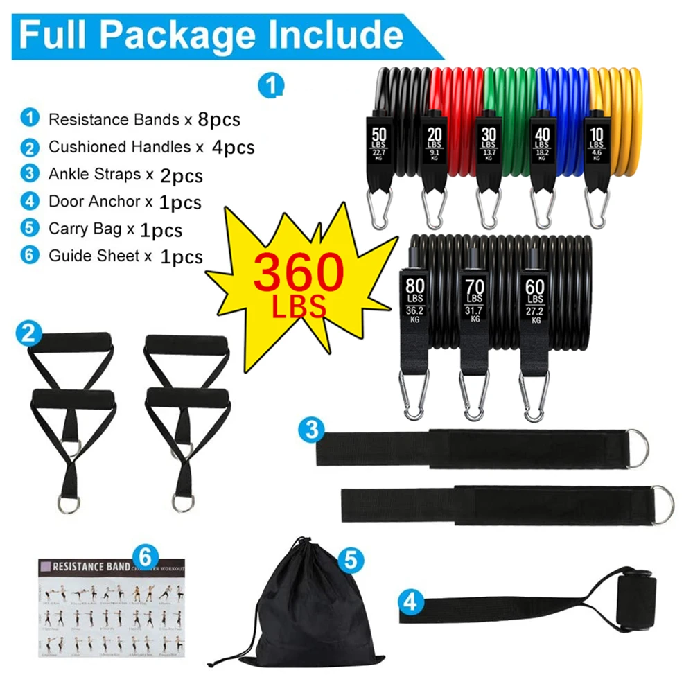 Juego de bandas de resistencia para ejercicios de Fitness, tubos elásticos, cuerda de tracción, equipo de entrenamiento para Yoga, gimnasio en casa, peso, 360 libras